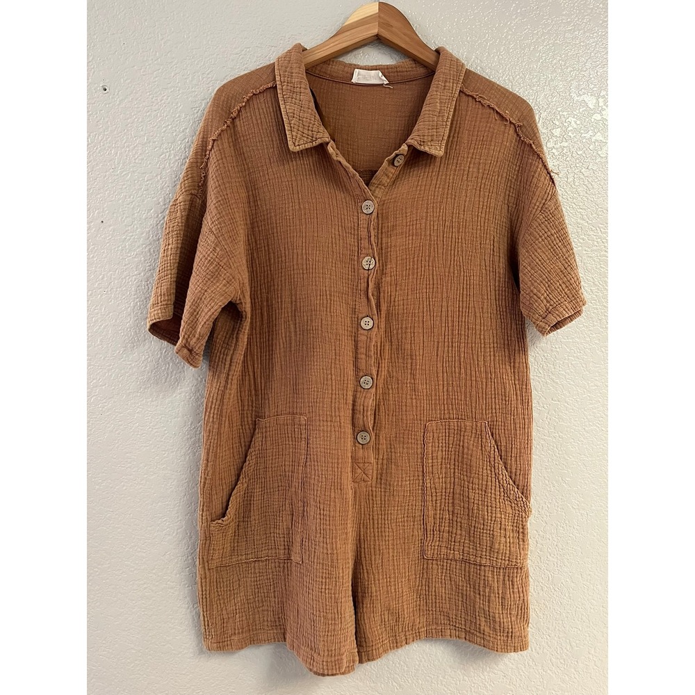 New In Brown Cotton Gauze Button Front Short Sleeve Romper NP70246 Large